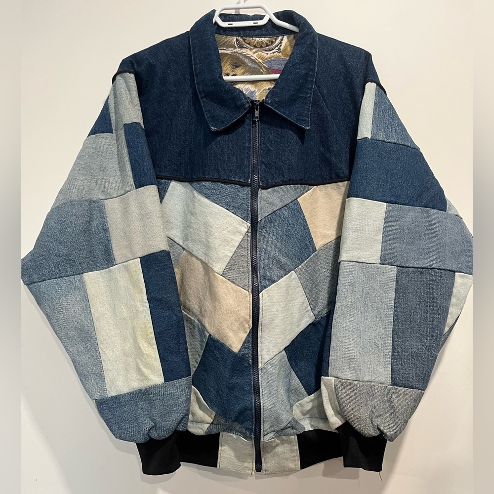 Handmade Patchwork Denim Jacket Quilted Chore Coat Women’s Large